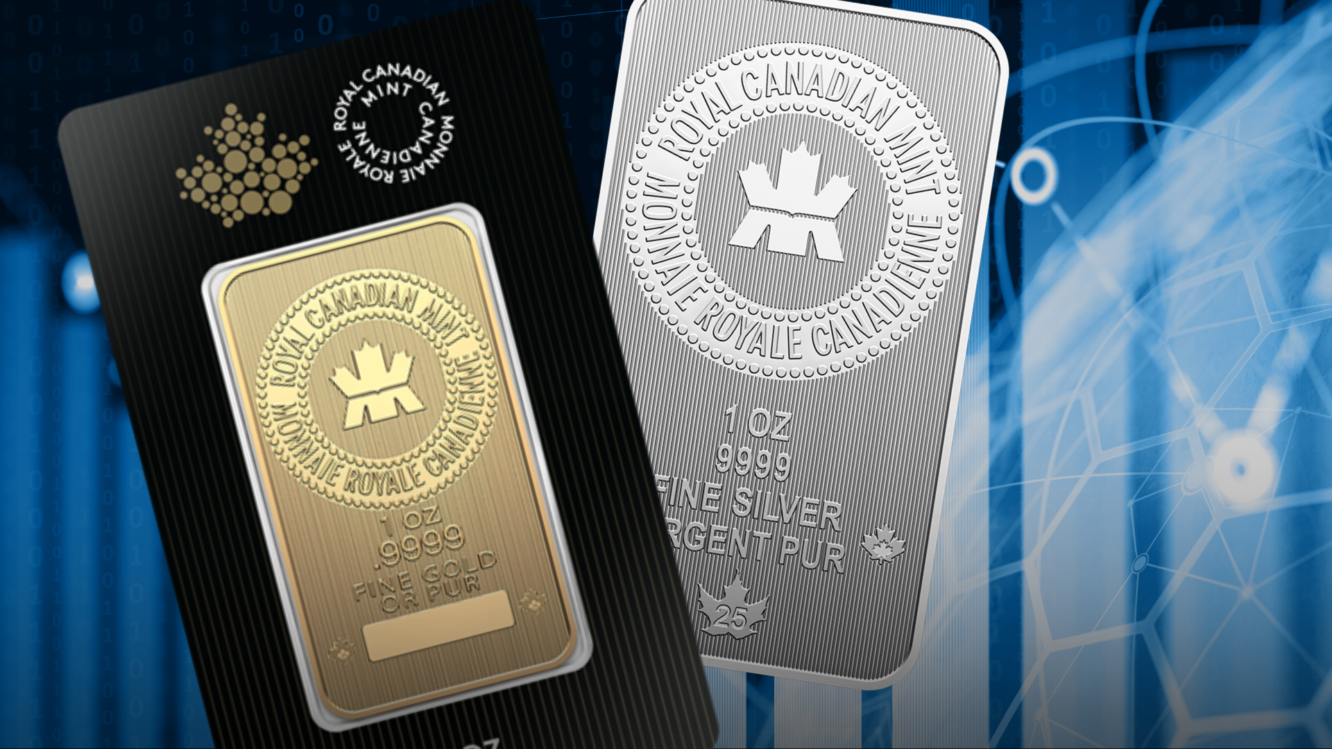 Royal Canadian Mint 1 ounce gold and silver bars