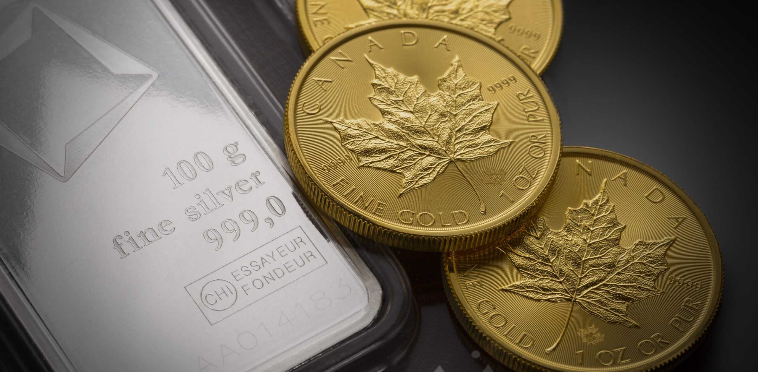 100g silver bar and 1 oz Canadian Gold Maple Leaf coins